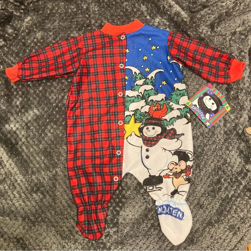VTG 90s‎ Snowden the Snowman footed one-piece red plaid (tartan) sleeper 3m NWT